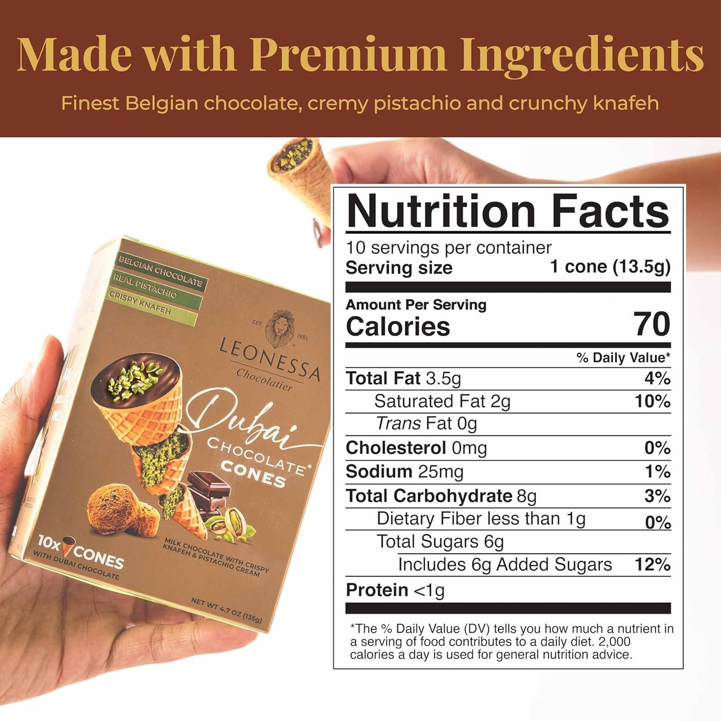 Leonessa Dubai Chocolate Cones with Pistachio Kunafa