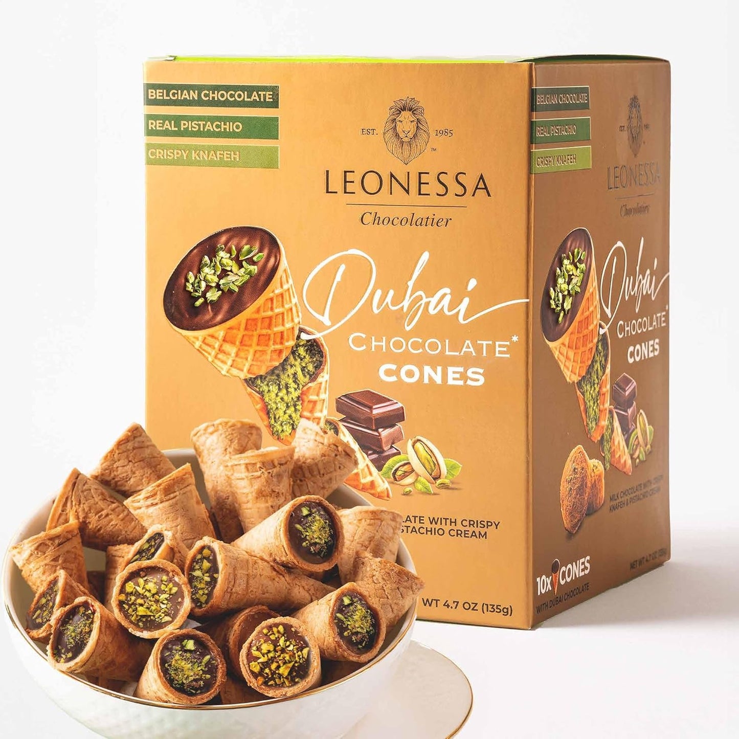Leonessa Dubai Chocolate Cones with Pistachio Kunafa
