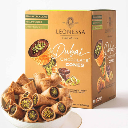 Leonessa Dubai Chocolate Cones with Pistachio Kunafa