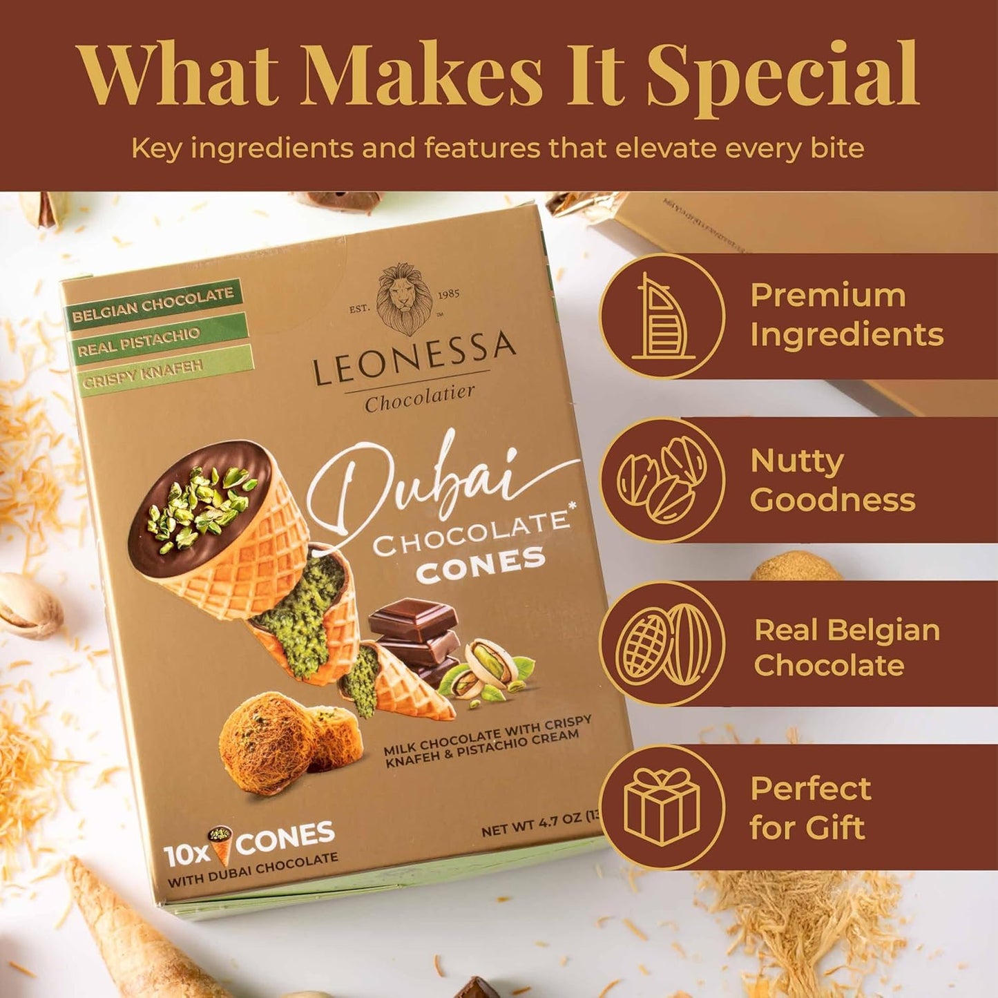 Leonessa Dubai Chocolate Cones with Pistachio Kunafa